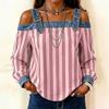 Women's Off Shoulder T-Shirt Long Sleeve Loose Fit Casual Vertical Stripe Tee Top