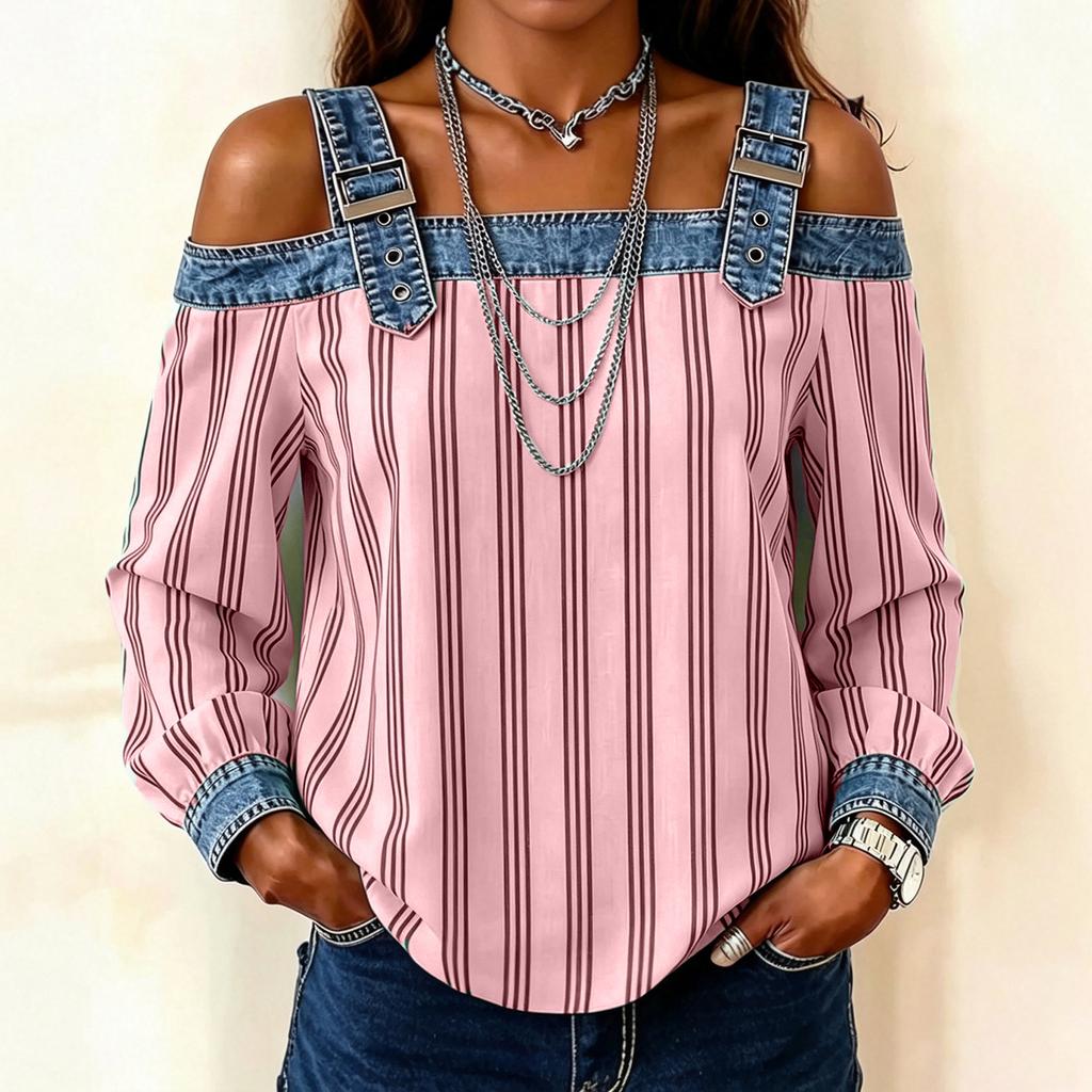 Women's Off Shoulder T-Shirt Long Sleeve Loose Fit Casual Vertical Stripe Tee Top