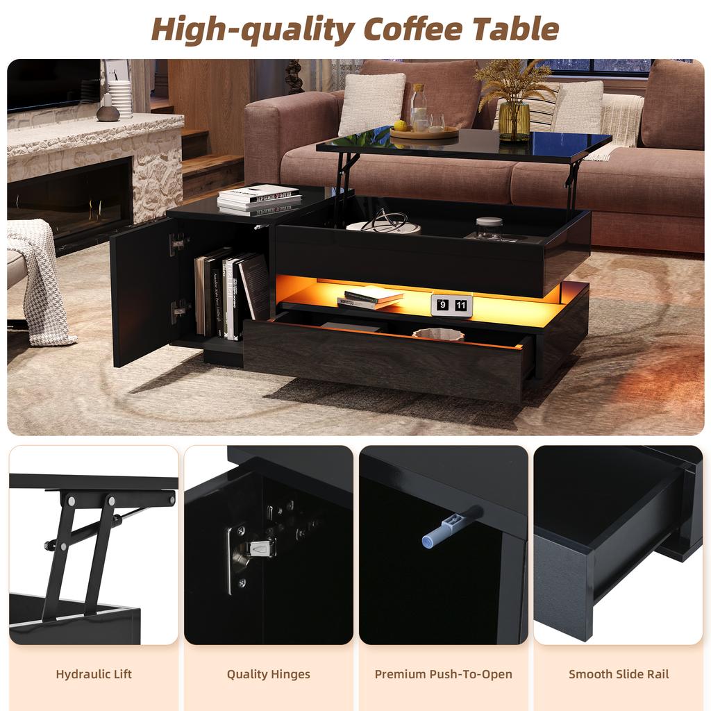 Mesa de centro elevable de 95*50*40 cm con 1 cajón, 1 armario, LED, Alto brillo, Almacenamiento oculto, Almacenamiento semiabierto, Negro