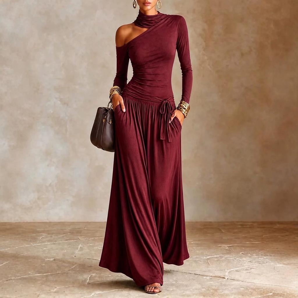 Women's Color Asymmetrical Off Shoulder Long Sleeve Casual Vacation Dress for Beach and Travel
