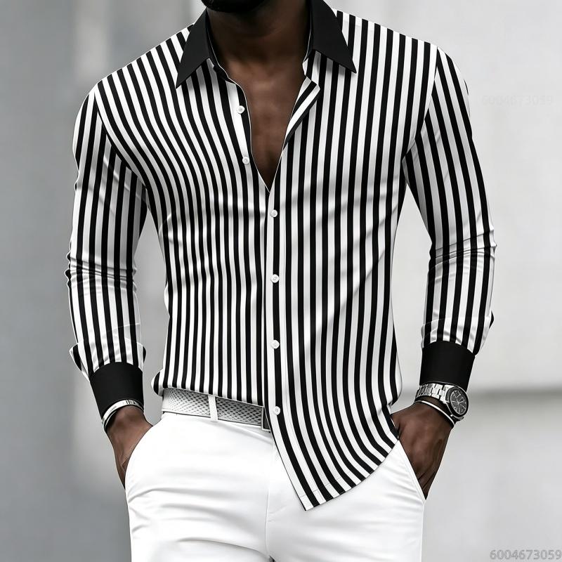 Men's Long-sleeved Collared Shirt with Black and White Vertical Stripes, Contrasting Collar and Cuff Design