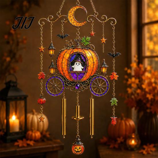 Bat Moon Themed Decor Halloween Stained Glass Style Wind Chime, Acrylic Suncatcher Hanging Ornament with Ghost Black Cat Artistic Window Light