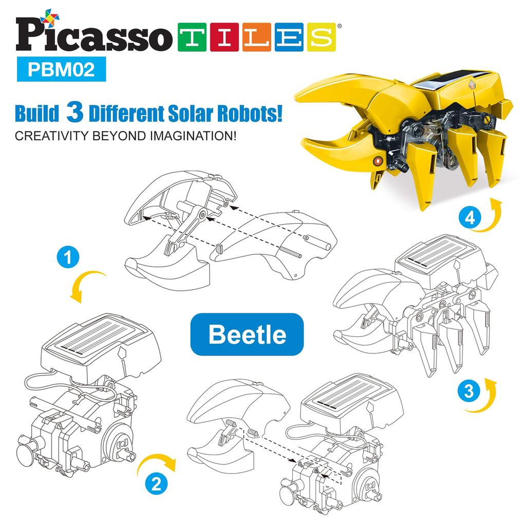 PicassoTiles STEM Kids Solar Power Dinosaur Robot Educational Learning Engineering Building Toy 3 In 1 Creative Unique Transformation Renewable Solar