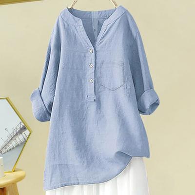 Damen Shirt V-Ausschnitt Knopfdetail 45720 Ärmel Pullover Tops Einfarbig