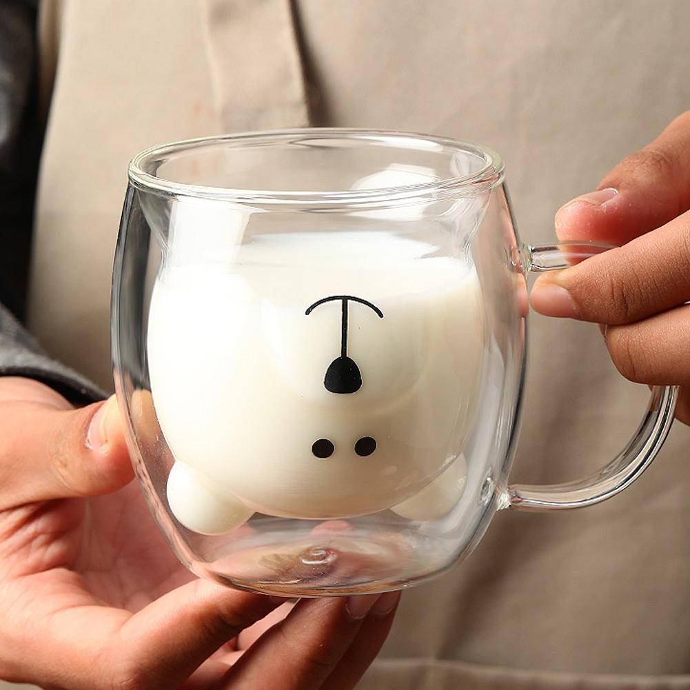 Urocze Kubki Niedźwiadki Szklane Kubki do Espresso z Podwójnymi Ściankami Szklany Kubek na Mleko Niedźwiadek z Uchwytem Prezent Urodzinowy dla Kobiet Mężczyzn