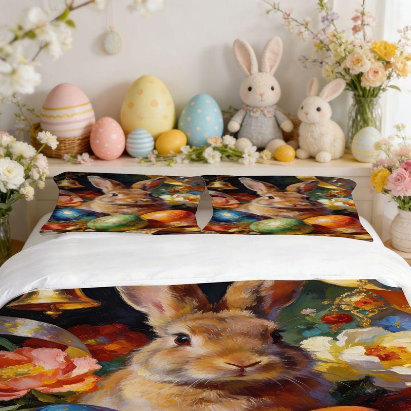 Bedding Pillowcase Quilt Cover 3-Piece Bunny With Gorgeous Egg Flower Pattern,Easter Decoration