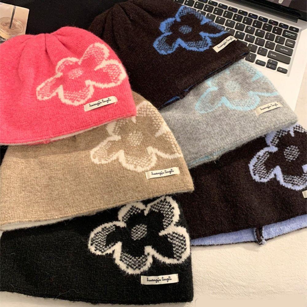 Bedruckte Blume Jacquard Strickmütze Wolle Ohrenschutzmütze Retro Druck Strickmütze Mädchen