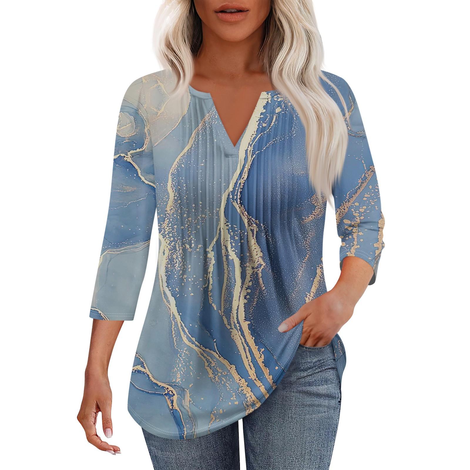 

Женская модная повседневная плиссированная футболка с V-образным вырезом и рукавом семь четвертей XXL синий