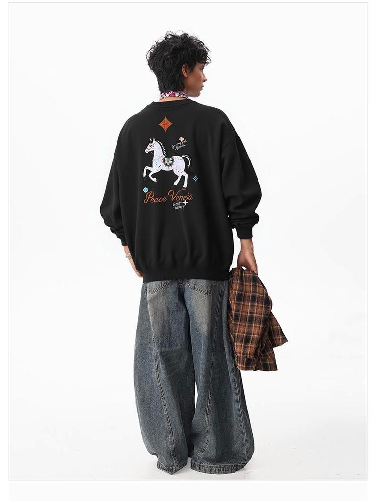 2026 Year of the Horse Color-Changing Embroidered Fleece Pullover - Trendy Round Neck Sweatshirt for Autumn/Winter