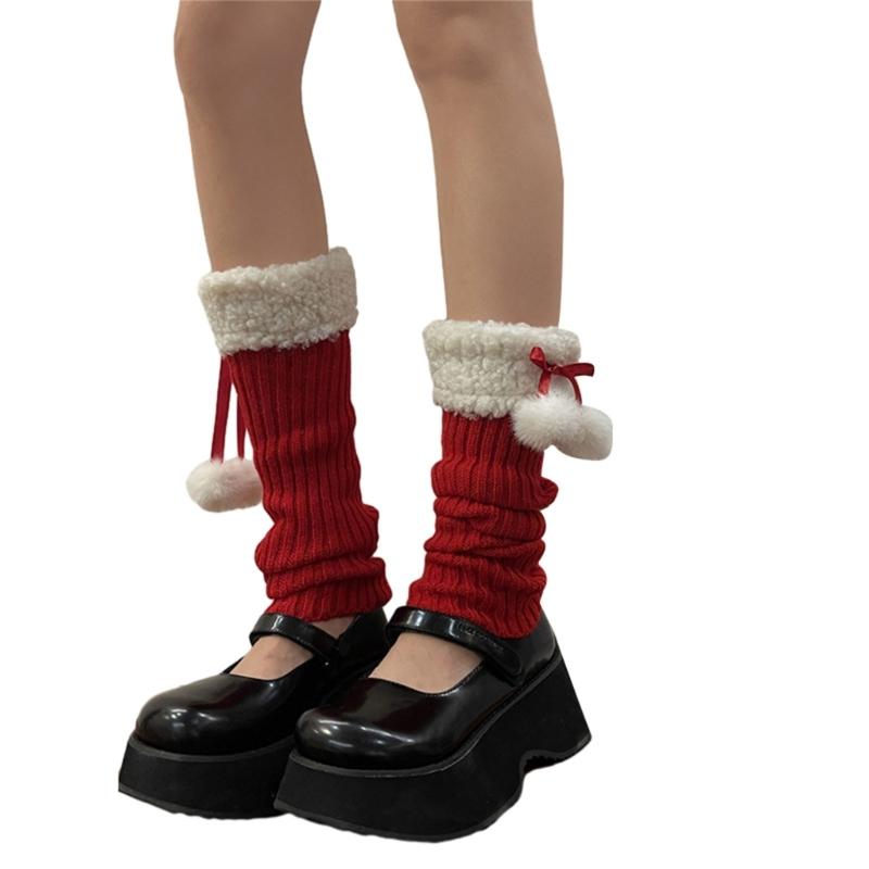 Women Winter Ribbed Knit Leg Warmer Stockings Y2K Harajuku Furry Trim Plush Ball Bow Christmas Leg Cover Long Boot Socks
