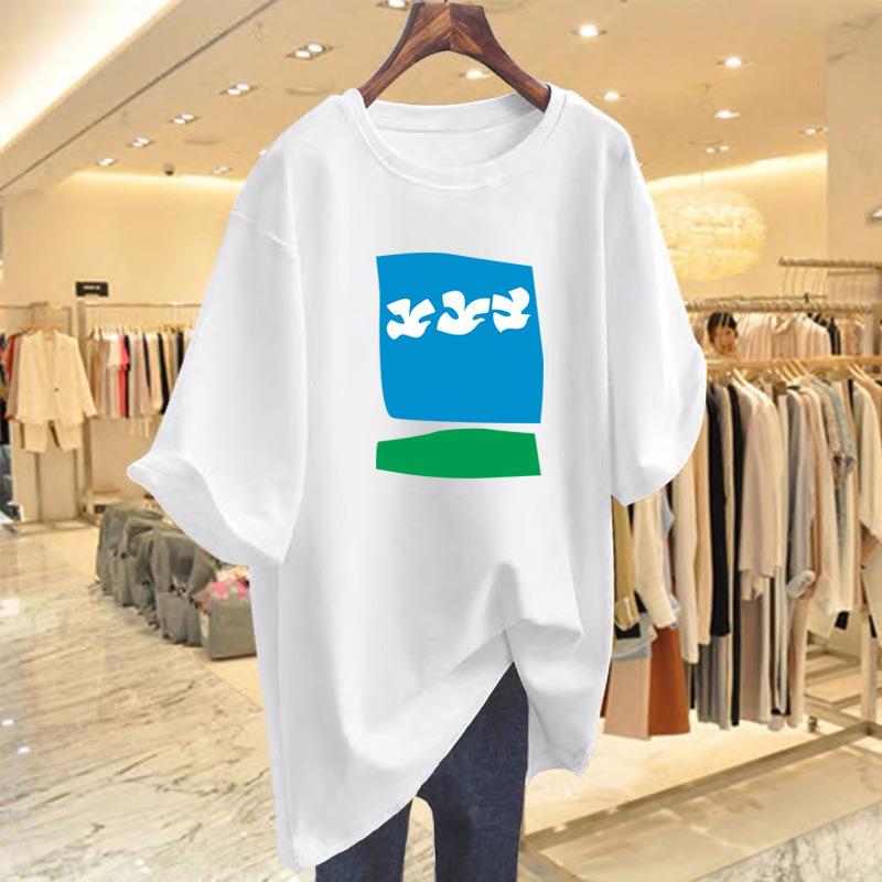 

Pure cotton tide brand short-sleeved oversize women s summer landscape printing casual heavy T-shirt couple white top tide S