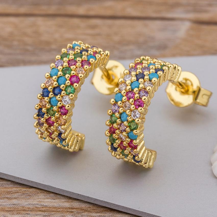Nidin Luxury Female Crystal Zircon Stone Earrings Fashion Copper CZ Rainbow Jewelry Romantic Boho Stud Earrings For Women Girls