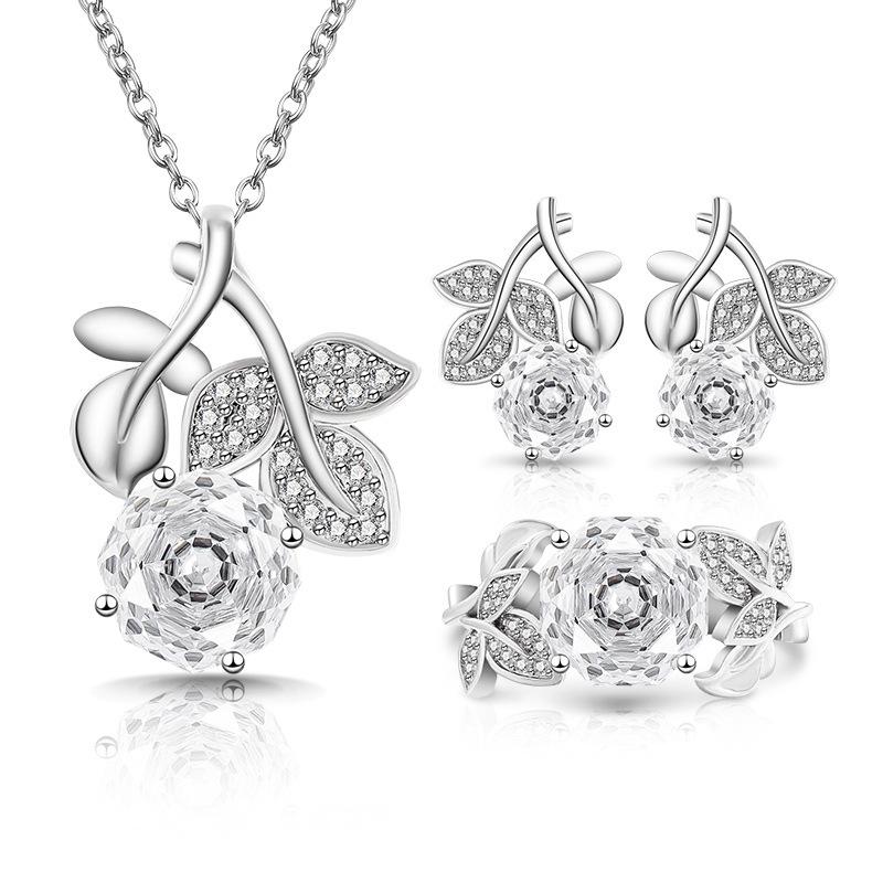 Caibao High Carbon Diamond Millennium Rose Cut Ring Earrings Necklace Pendant Three-piece Jewelry Ring Size:Adjustable