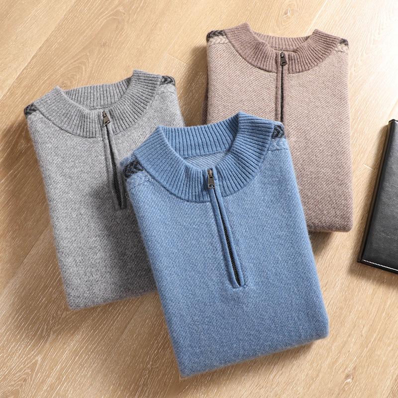 Men's Cashmere Half-Zip Pullover: Youthful Round Neck, Thick Wool Sweater, Plus Size, Casual Autumn/Winter Knitwear.