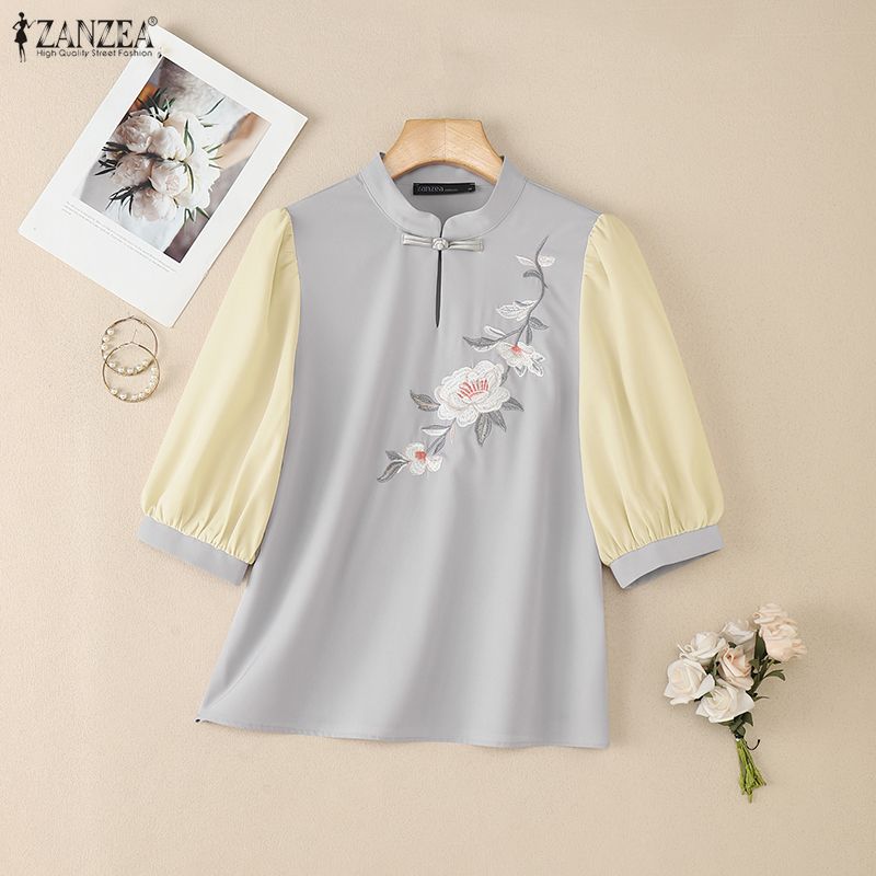 ZANZEA Women Casual Stand Collar Splice Half Sleeve Blouse