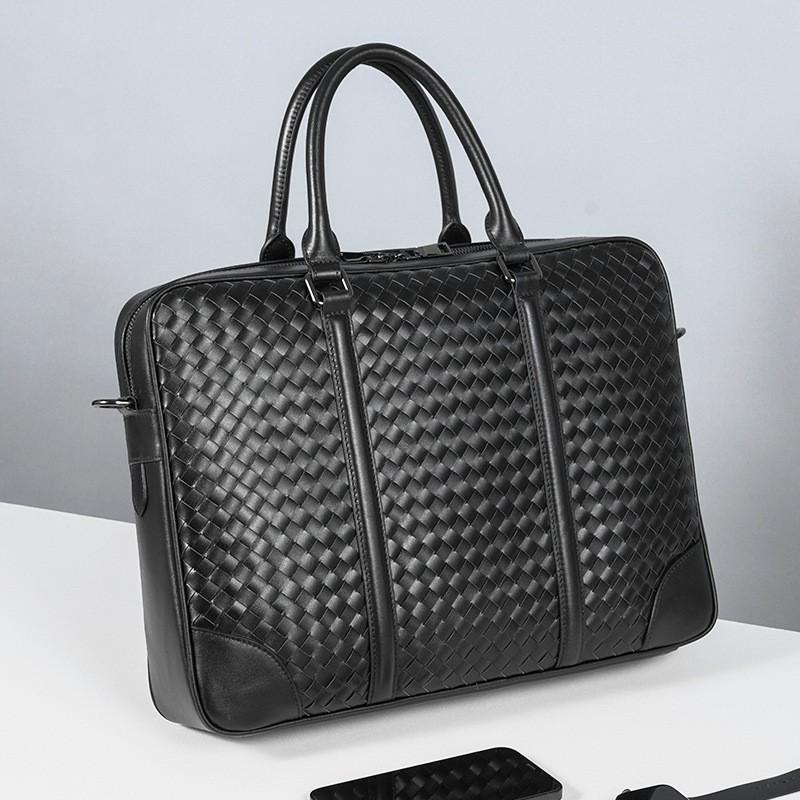 Real Cowhide Woven Men s Handbag Fashionable Business Shoulder Bag Travel Large Capacity Computer Briefcase Trendy чёрный
