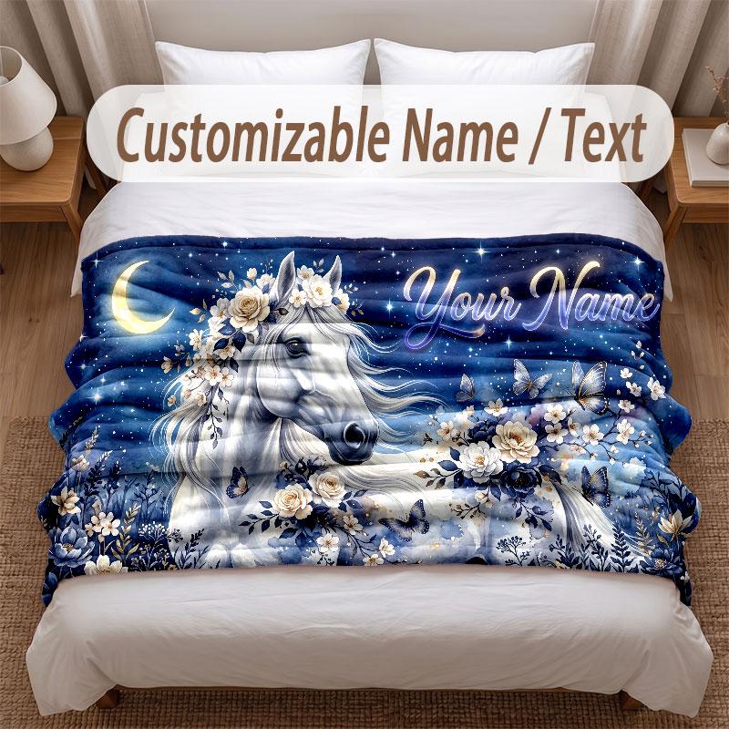 Horse Theme Soft Blanket Personalized Custom Name Text Print Warm Blanket Home Sofa Bedroom Decor