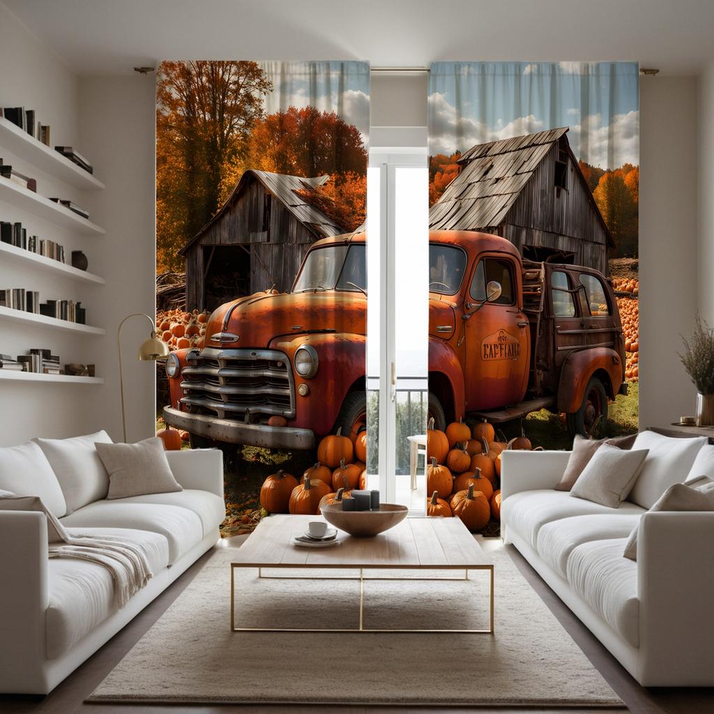 2pcs HD Thanksgiving Country Cottage Pumpkin Bus Curtain Yellow Tie Digital Printed Curtain Home Decor Style Decorate Living