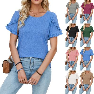 Damenmode, lässig, einfarbig, mit Druck, kurzärmelig, Rundhalsausschnitt, Blusen & Hemden