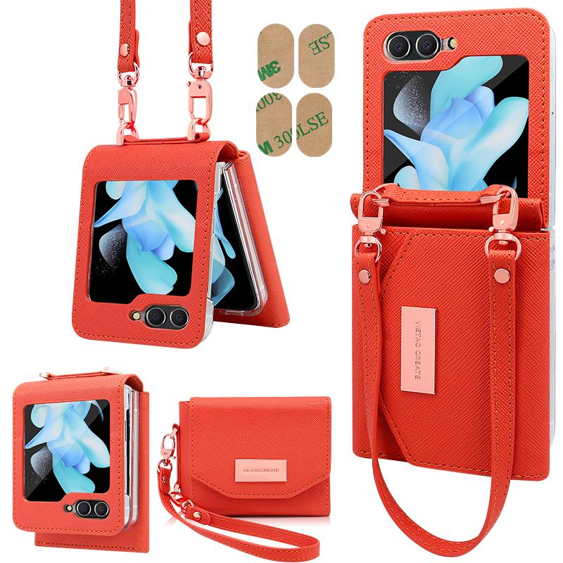 Vietao-Z Flip 7 Wallet Phone Case With Wristband Strap, Fashion Girls Leather Purse Phone Cover For Samsung Z Flip 6 5 4 3, Pink
