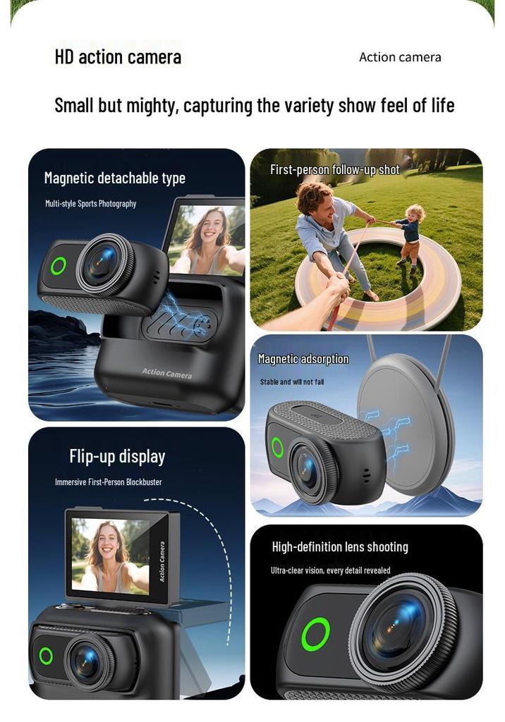 Ultra-Clear Sports Camera with Flip-Out Display and Magnetic Mount for Outdoor Recording