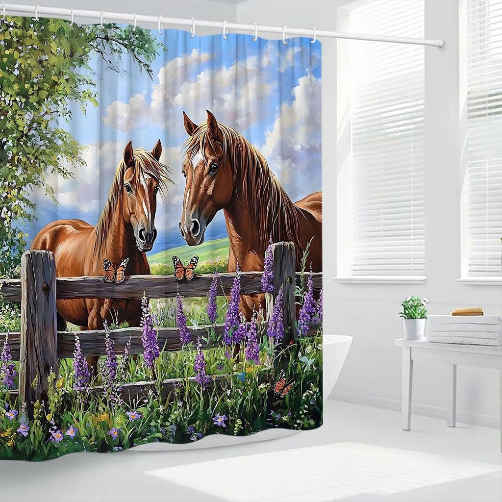 Horse Shower Curtain Western Farm Animal Horse Family Rustic Lavender Flower Tree Nature Farmhouse Country Scenery Polyester Curtains Bathroom Decor