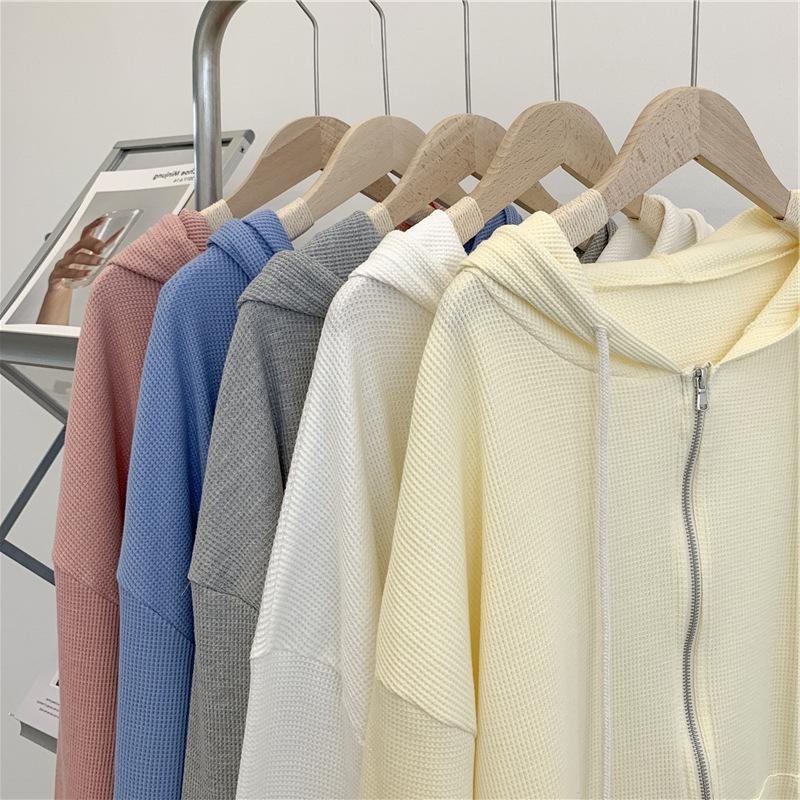 Mom See Series Tops Women's Waffle Cardigan Zipper Sweater Women's Autumn New Loose Student Jacket