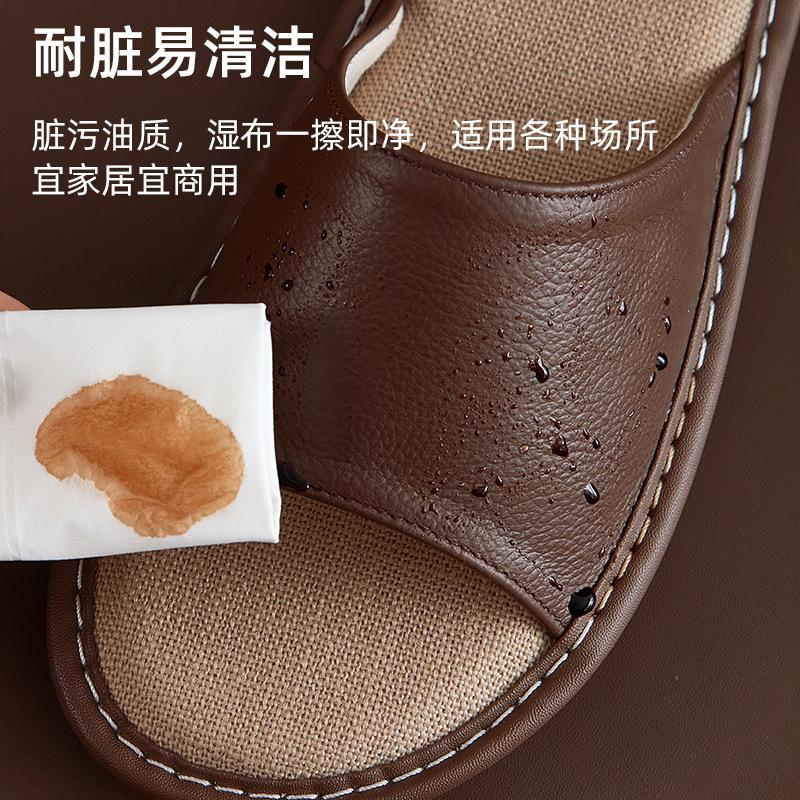 Leather slippers first layer cowhide indoor home beef tendon bottom non-slip genuine leather linen slippers women's high sense of home