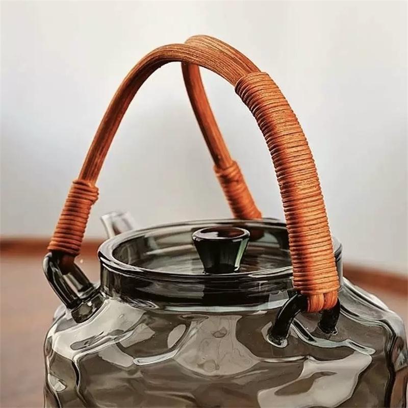 800ml Rattan Woven Handle Irregular Surface Heat-resistant Glass Teapot Boiling Flower Puer Oolong Tea Pot Kungfu Tea Set