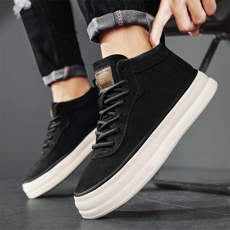 Spring high-top thick-soled men's shoes black new matte leather shoes men's breathable and versatile lightweight casual shoes
