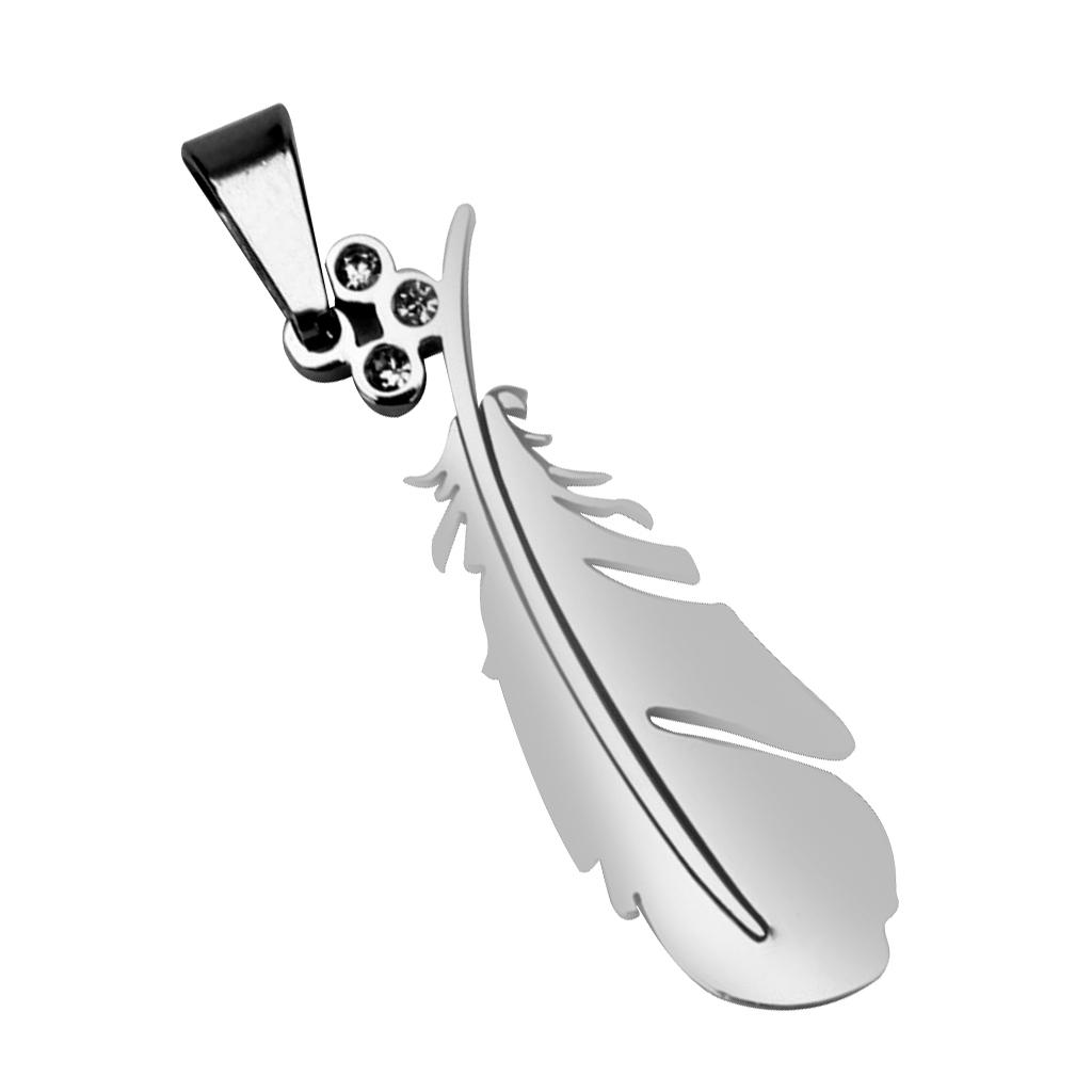 Stainless Steel Feather Necklace Charm Pendant W/ Rhinestone - Silvery