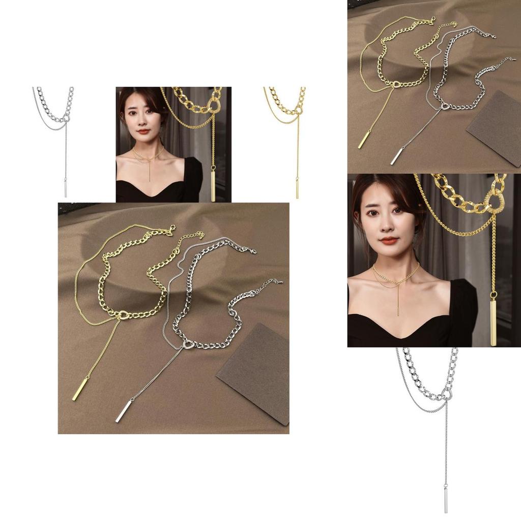 Stylish Geometric Titanium Steel Layered Chain Necklace For Women With Elegant Tassels