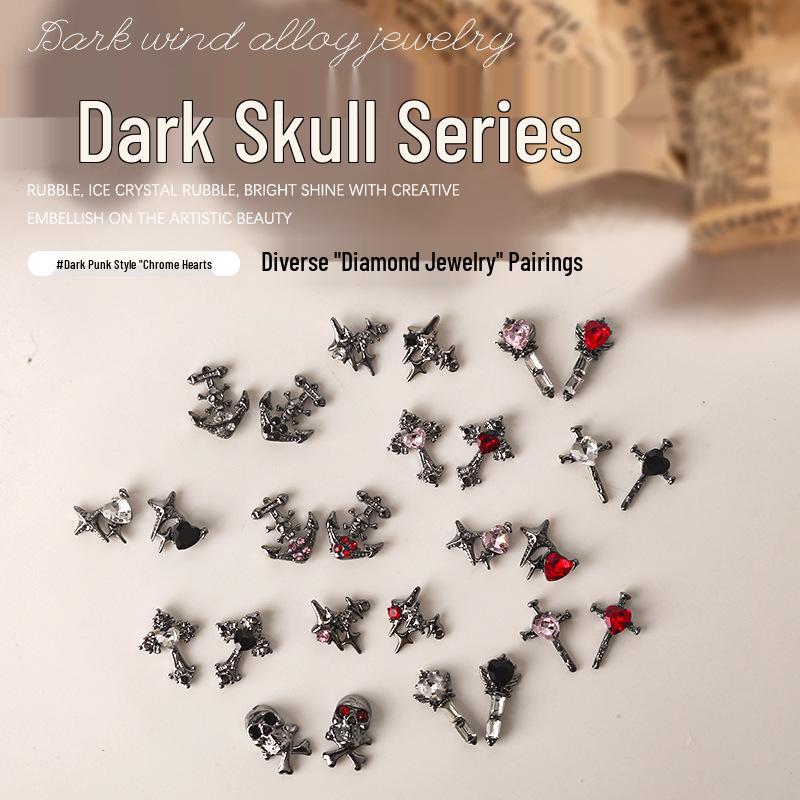 Dark Skull Retro Chrome Heart Scarlet Cross Nail Rhinestone Embellishments - 5 Pcs