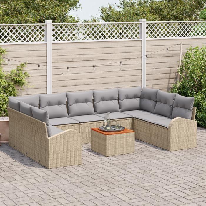 Ensemble de Canapé de Jardin vidaXL 10 Pièces avec Coussins Beige Rattan Poly Acacia, Canapé de Jardin 2 Places vidaXL 3356292