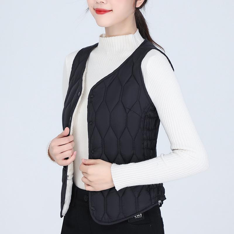 2025 Women's Autumn/Winter V-Neck Down Cotton Vest: Plus Velvet, Thick, Warm, Sleeveless, Slim Fit, Versatile.