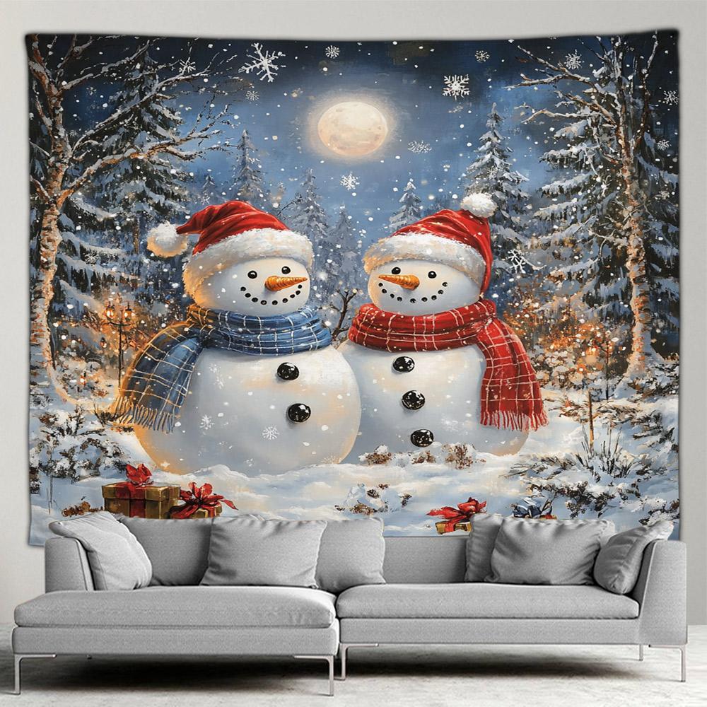 Cute Snowman Christmas Tapestry Xmas Tree Gifts Red Curtains Window Winter Scenery New Year Home Living Room Decor Wall Hanging