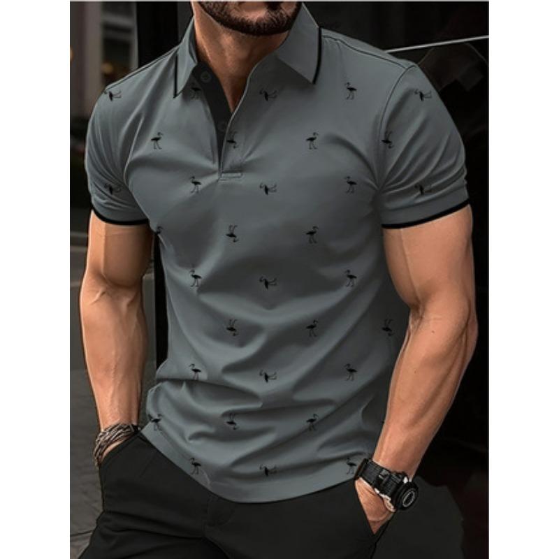 Men Fashion Flamingo Print Turn Down Collar Short Sleeve Casual Polo Shirt