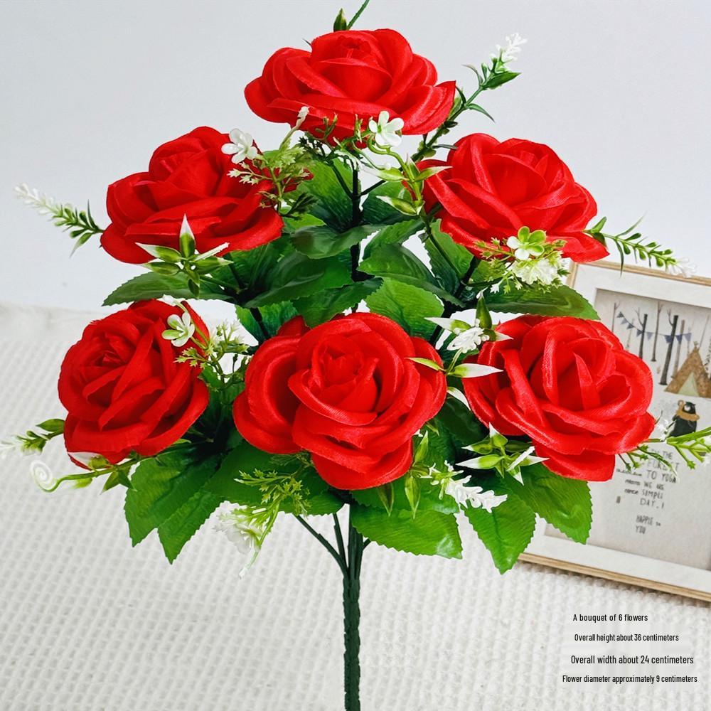 Curly Edge Red Rose Bouquet - 6 Head Artificial Silk Flowers for Living Room Decoration