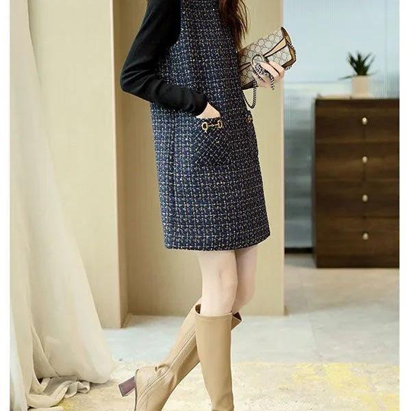 Elegante Vestido Colete de Tweed Francês - Gola Redonda, Design Emagrecedor, Estilo Ligeiramente Perfumado para Primavera e Outono