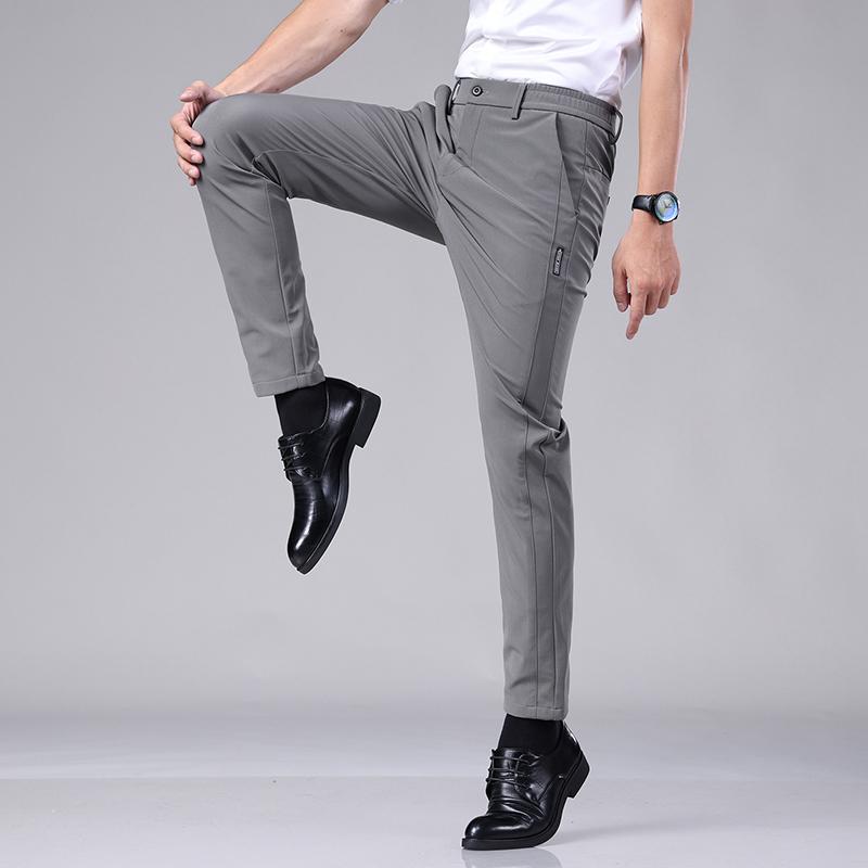 Ultra-thin Elastic Men's Casual Trousers Summer Quick-drying Ice Silk Slim Straight Business Solid Color Trousers Black Gray