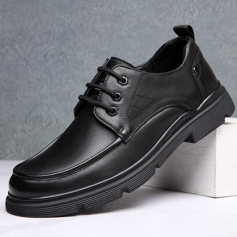 Mens Genuine Leather Casual Shoes Middle-Aged Senior Round Toe Breathable Non-Slip Rubber Sole Lace-Up Comfortable