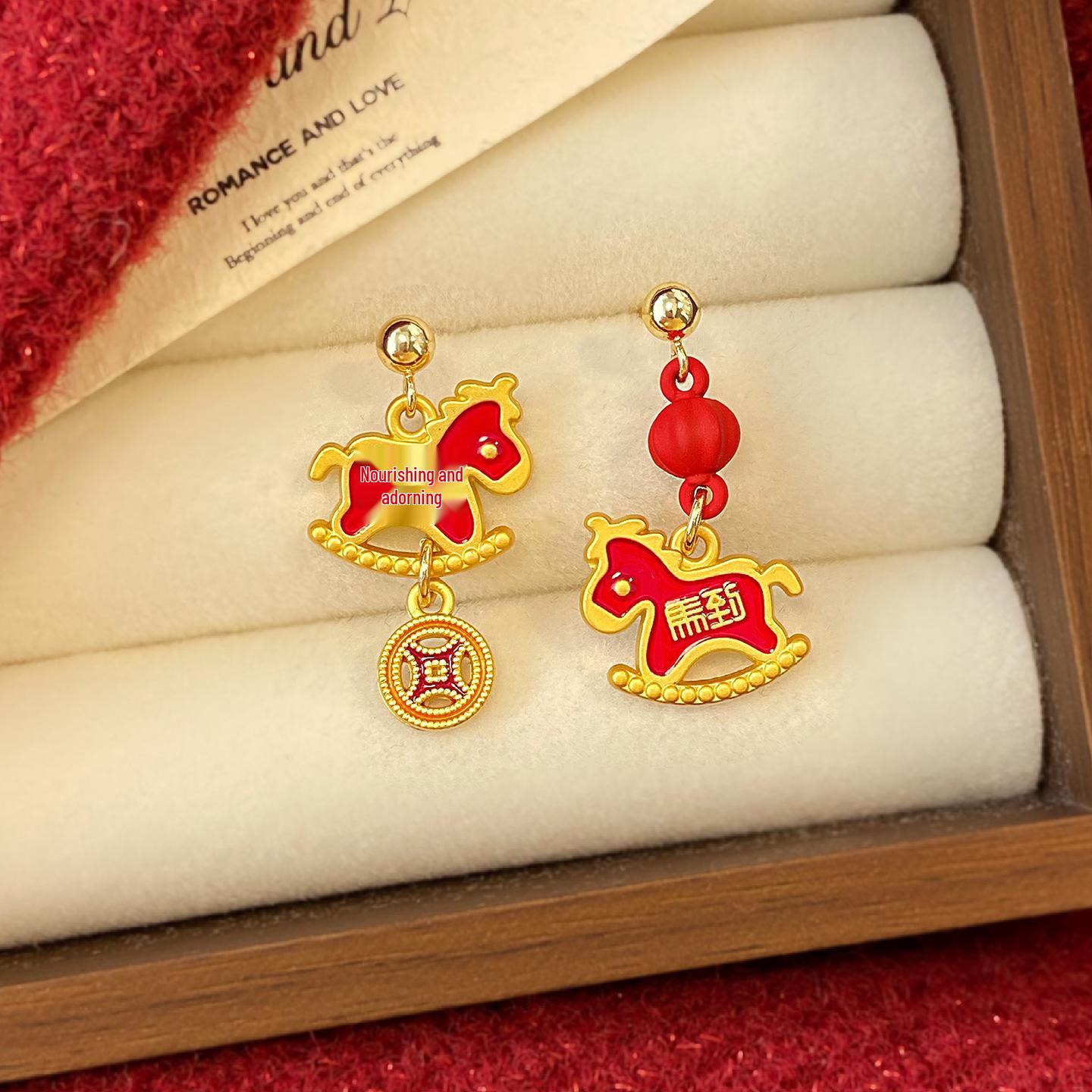 Red Velvet Zodiac Horse Earrings: Festive Dangle for New Year