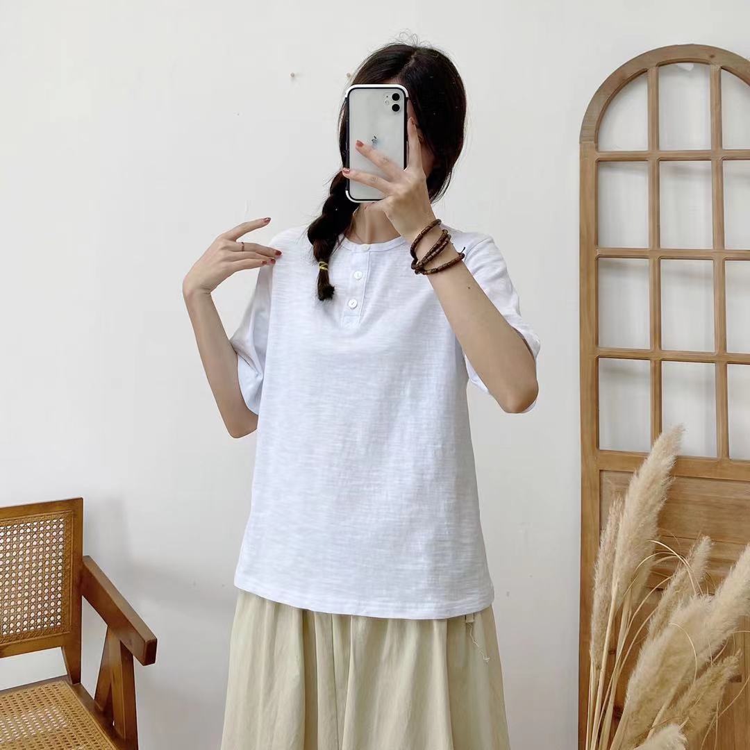 

Johnature летние повседневные простые футболки универсальные пуловеры с короткими рукавами свободные однотонные женские топы на пуговицах L белый