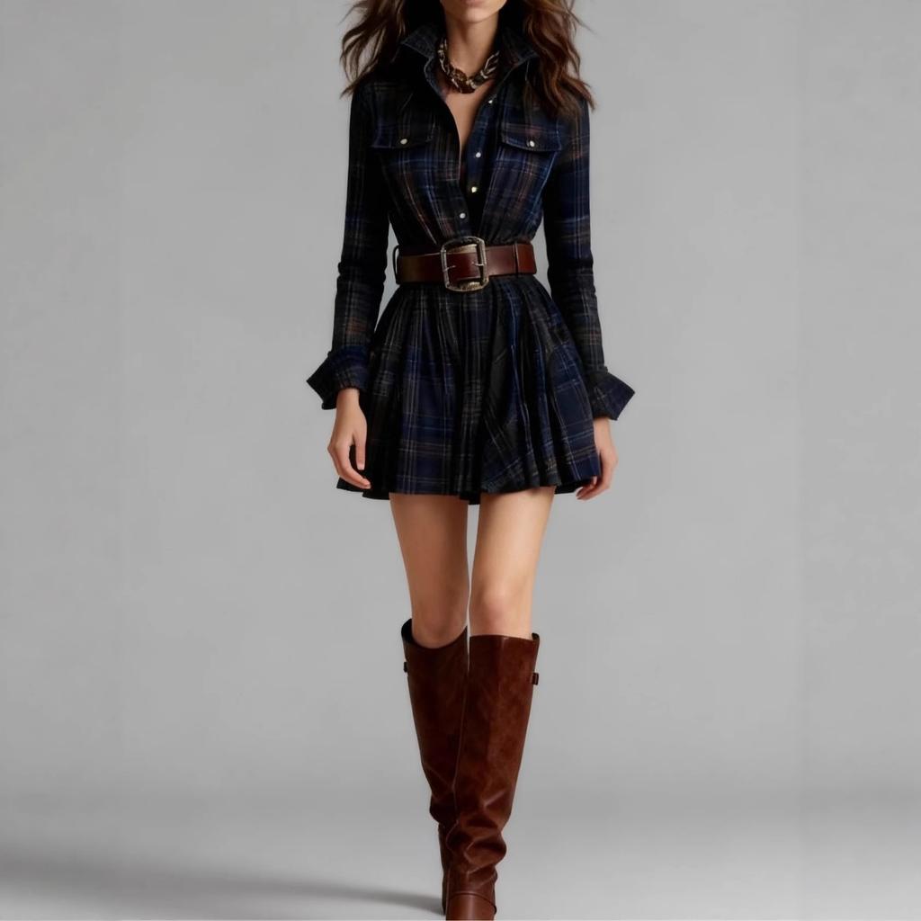 Women's Plaid Pocket Detail Button Front Short Dress