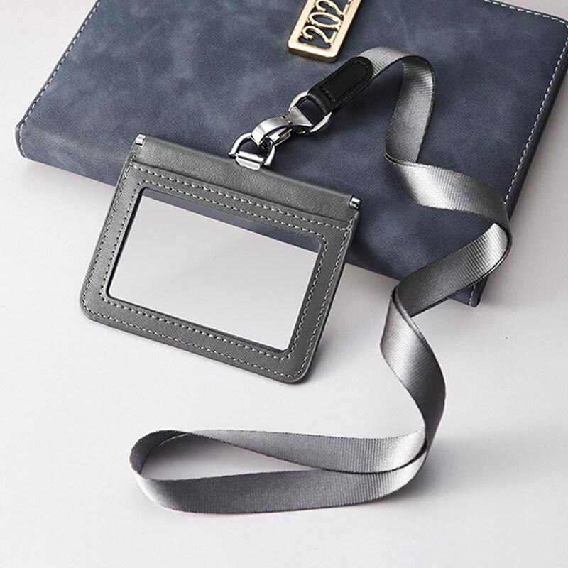 2-Sided Transparent Window Badge Holder ID Business Work Card Holders Genuine Leather Card Case with Lanyard (Can Hold 4 Cards )