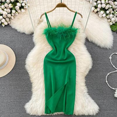 RUGOD  France Sexy Knitted Club Dress Women Sleeveless Split Sundress Vintage Short Dress Feathers Montage Green Slim Dress
