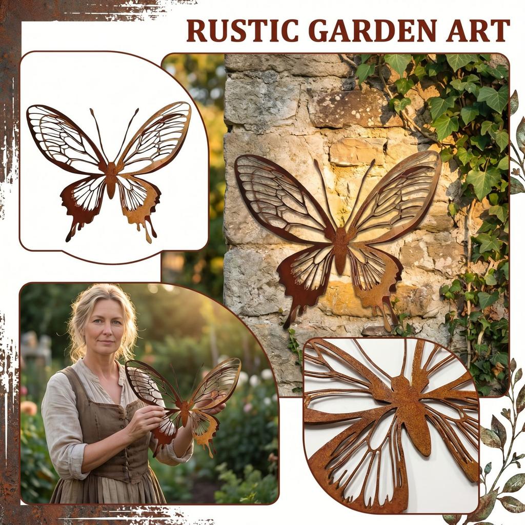 Rustic Metal Butterfly Wall Art Sculpture with Eight Wings Lightweight Decorative Hanging Ornament for Indoor Outdoor Display