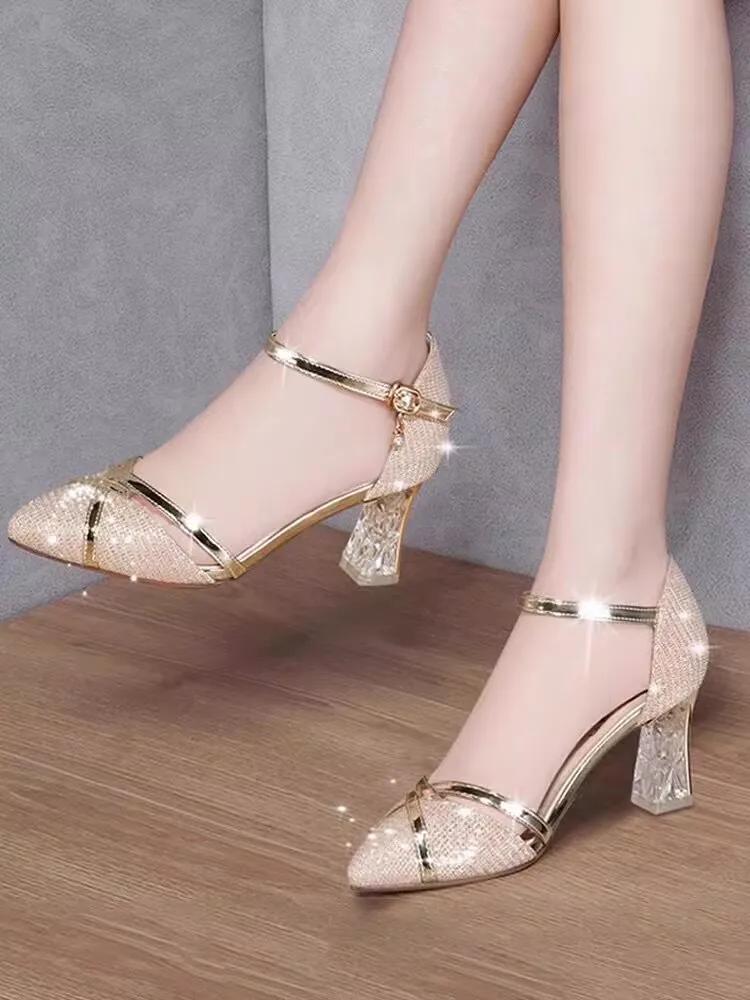 Fashion Sexy Gold Women Sandals Party High Heels Slip-On Solid for Ladies Quality Wedding Party Nightclub Sequin Buckle Shoes for Women