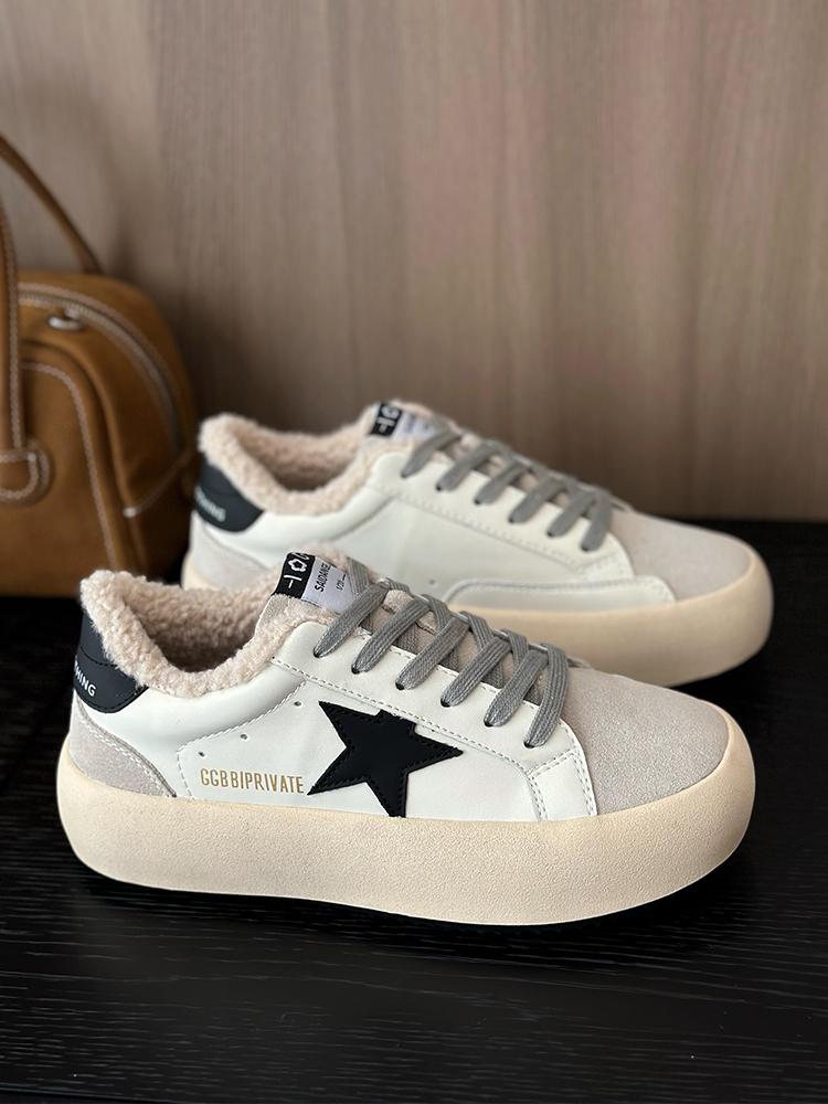 Thick-soled Cowhide Winter Velvet Star Shoes Women's New Versatile Sports and Leisure Shoes Warm Little White Shoes Cotton Shoes