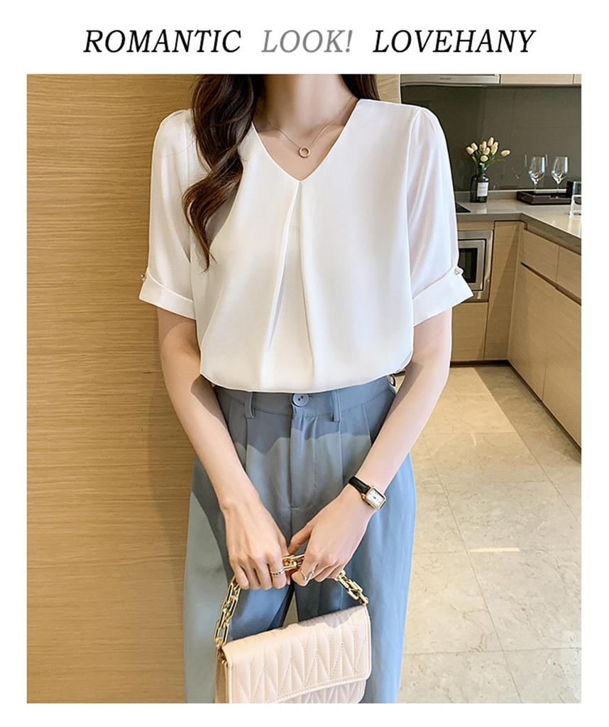 Short Chiffon Short Sleeve Loose Body Covering [Lalapala] Women's Blouse, Sleeve, Summer, Shirt, V-Neck, Stylish, Thin, Neat, Shirt, Top, Pullover,